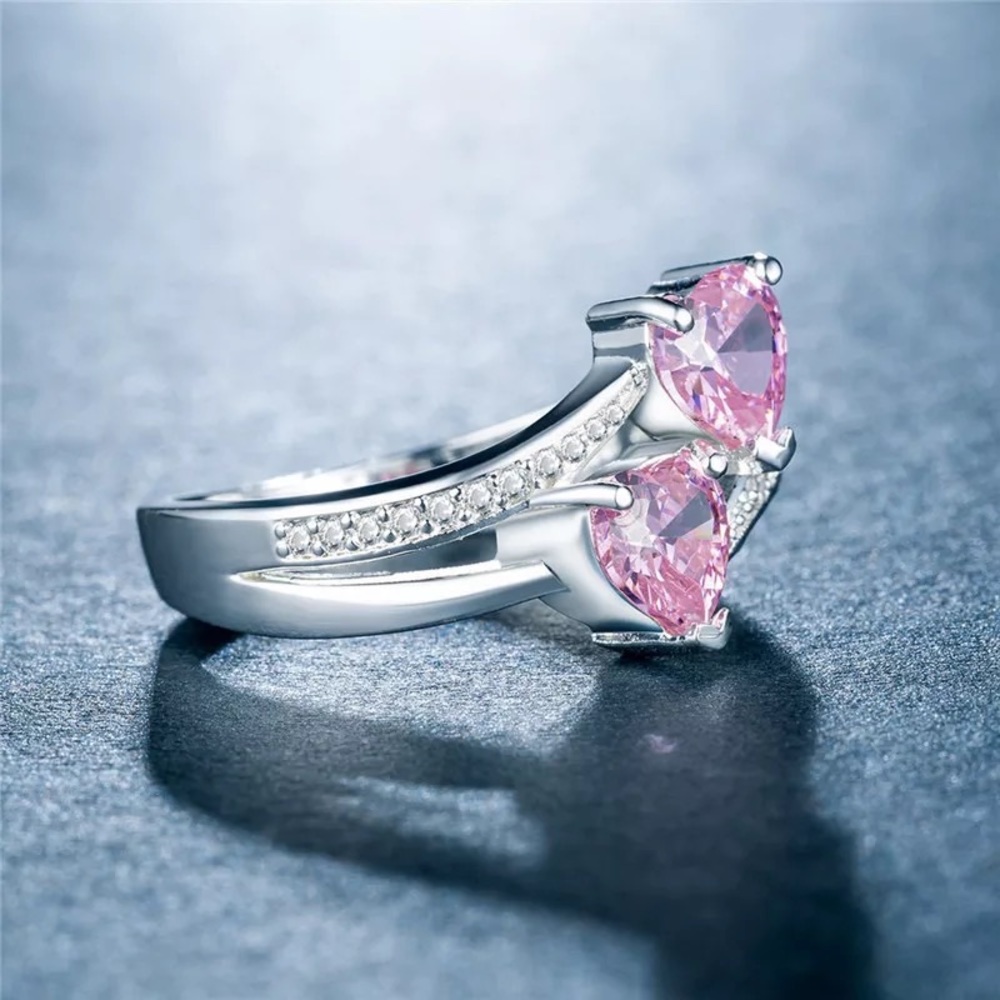 New 925 Silver Two Romantic Hearts Shape Sapphire Ring - Picture 3 of 5